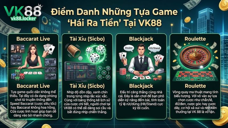 Đa dạng các tựa game cá cược hot nhất tại sòng bài trực tuyến VK 88 Đa dạng các tựa game cá cược hot nhất tại sòng bài trực tuyến VK 88